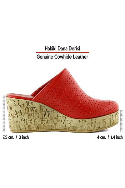 Erkan Saçmacı Aria Red Genuine Calfskin Closed Front Cork Sole Look Wedge Heeled Slippers