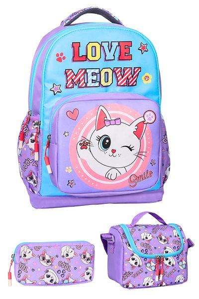 ATHLETIC School Bag School Bag Pen Holder Lunch Bag Set of 3 School Bag Patterned Cat