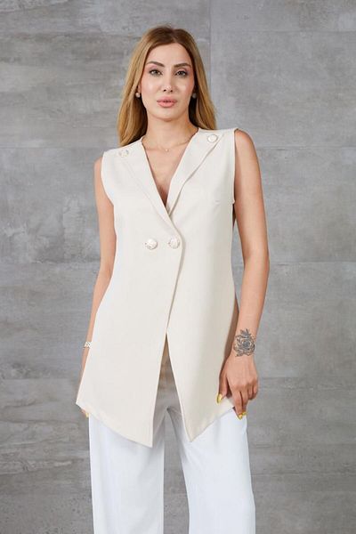 NEW LAVİVA Women's Stone Double Breasted Lined Blazer Jacket Collar Vest