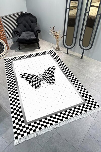 CENTER AVM Siyah Beyaz Kelebek Desenli Halı Salon Halısı Makinede Yıkanabilir...