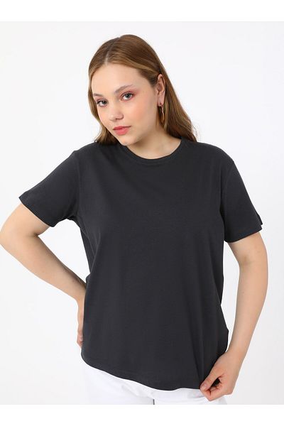 ALİA Crew Neck Plus Size T-Shirt - Anthracite - Alia