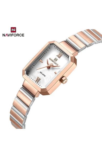 Naviforce Women's Luxury Rectangular Watch – Rose Gold & White Stainless Steel Waterproof Elegant Design