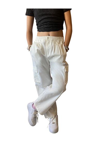 DEMOİSELLE Girls' Pants with Elastic Waist Wide Leg Relaxed Fit Cargo Pockets