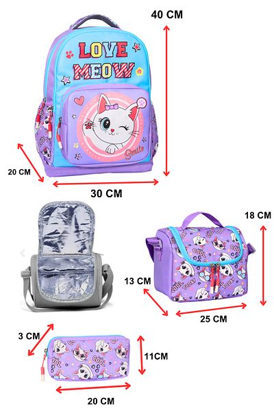 ATHLETIC School Bag School Bag Pen Holder Lunch Bag Set of 3 School Bag Patterned Cat