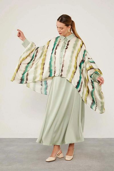 Levidor Batik Pattern Chiffon Shirt and Satin Skirt Suit