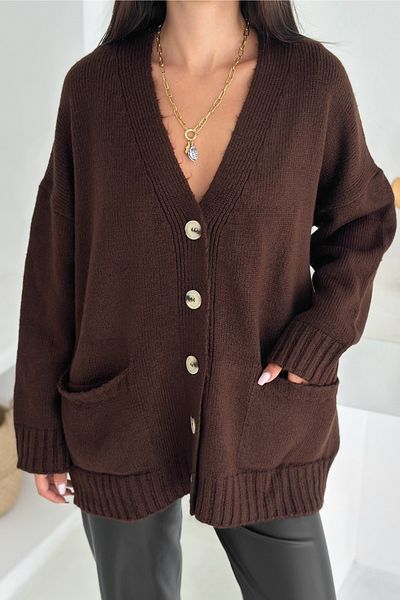 FEMELLE Cardigan de tricotaj supradimensionat pentru femei, maro, cu croială largă, mărime standard, buzunar dublu, detaliu cu nasturi, cu umăr jos