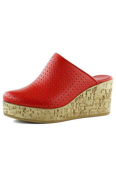 Erkan Saçmacı Aria Red Genuine Calfskin Closed Front Cork Sole Look Wedge Heeled Slippers