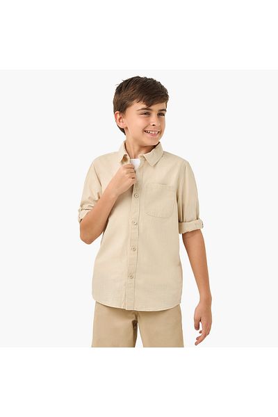 Juniors Solid Shirt with Long Sleeves and Chest Pocket