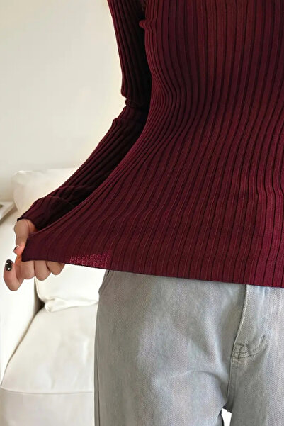 Tarz Cool Bordo Fitilli Polo Yaka Triko Kazak