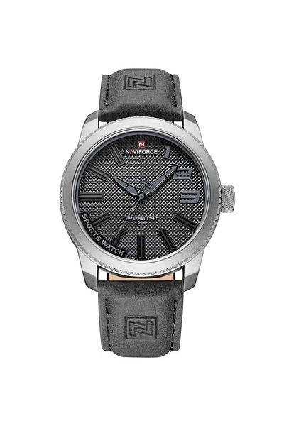 Naviforce Stylish Mens Sports Watch with Black Dial Gray Leather Strap Quartz Movement Analog Display