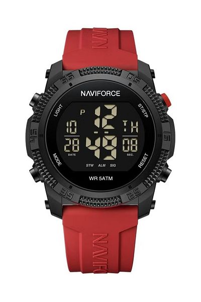 Naviforce Stylish Mens Digital Sports Watch with Black Dial Red Silicone Strap Water Resistant 50M Stopwatch