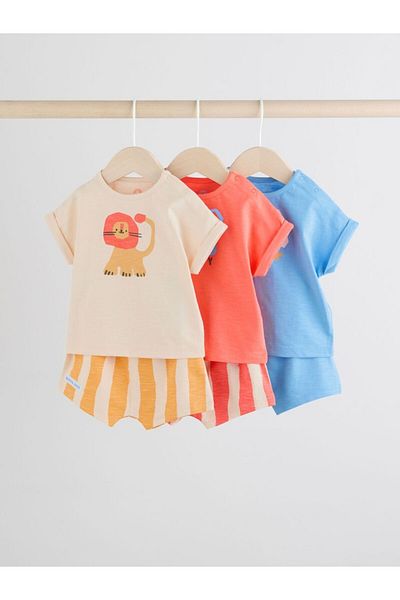 Next Baby Cotton Orange Lion Print Short Sleeve Shorts Bottom Top Set