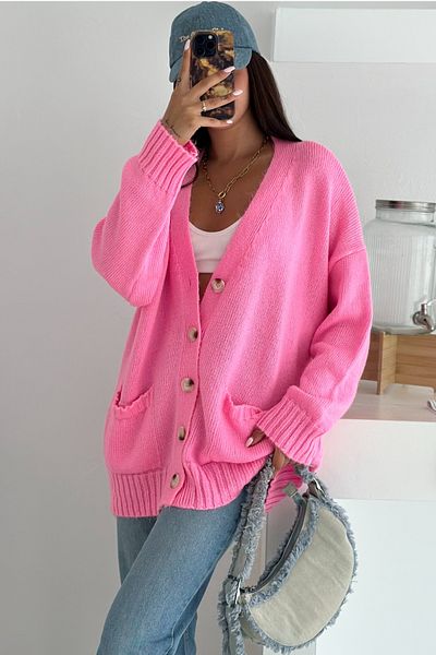 FEMELLE Women's Pink Wide Fit Standard Size Double Pocket Button Detailed Off Shoulder Oversize Knitwear Cardigan
