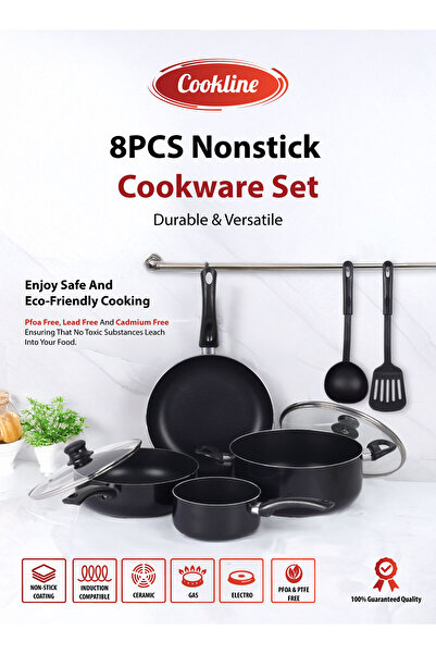 cookline طقم أواني طهي من الألومنيوم المضغوط غير اللاصق، 8 قطع، أسود بلمسة نهائية لامعة وقاعدة حثية