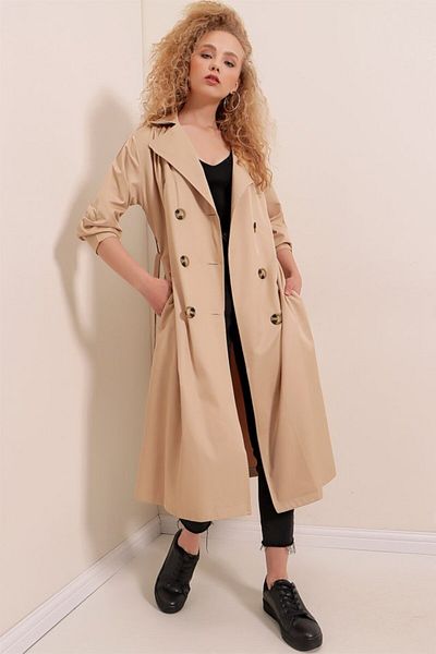 leyla sanat sanata yeni bir bakış açısı Leyla Sanat Sanata a New Perspective 5853 Double Breasted Lapel Trench Coat - Mink