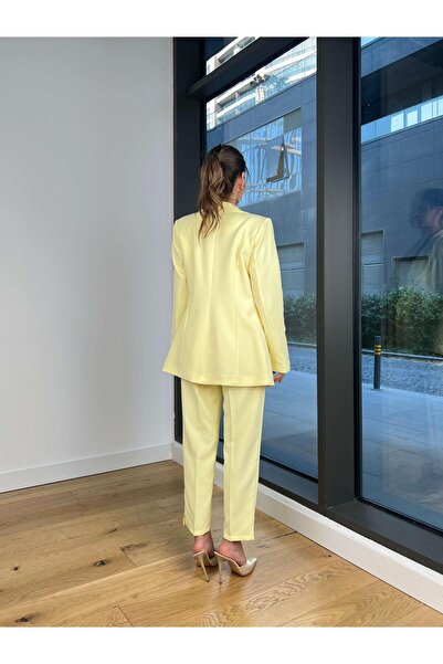 modaçelikler Askılı Korse Görünüm Crop Düğme Kapamalı Blazer Ceket Yüksek Bel Pantolon Adelisa Sarı Kadın Üçlü Ta