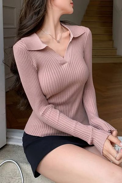 Tarz Cool Pink Ribbed Polo Neck Sweater