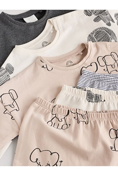 Next Baby Cotton Cream Brown Elephant Patterned 3-Piece Bottom Top Set