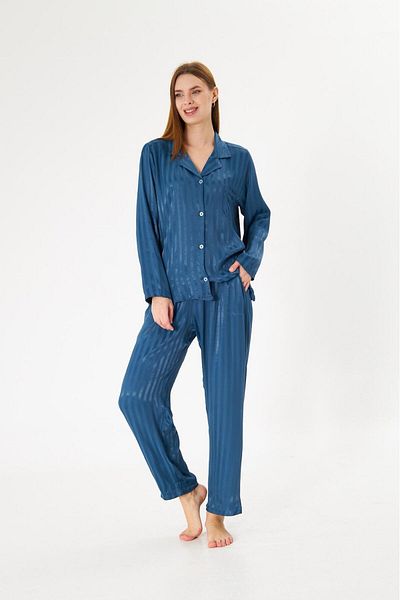 seamlife Women's 100% Cotton Satin Woven Blue Color Striped Shirt Collar Button-Down Pajamas Set with Pockets