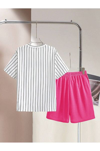 LUNAVISTA Copy - Casual Streetwear Set, Striped Short Sleeve Crew Neck Letter Printed T-Shirt and Shorts
