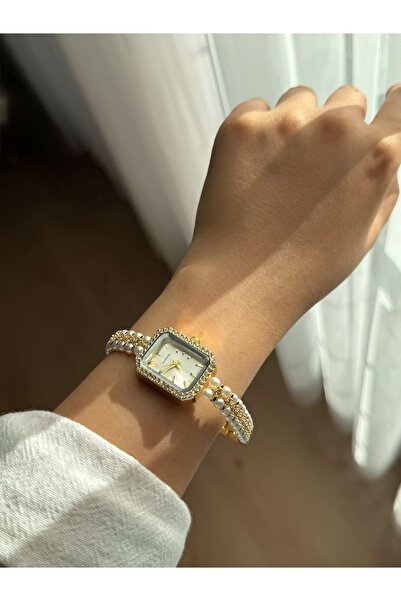 Vola Collection Women's Vintage Wrist Watch with Rectangle White Dial Gold Pearl Band- 30