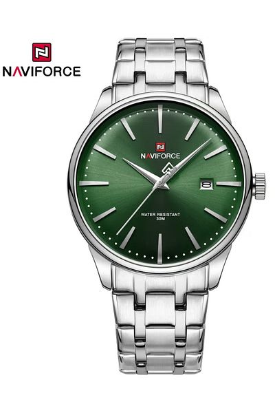 Naviforce Men's Elegant Analog Watch – 42mm Silver Dial, Stainless Steel Strap, Date Display, Water Resistant