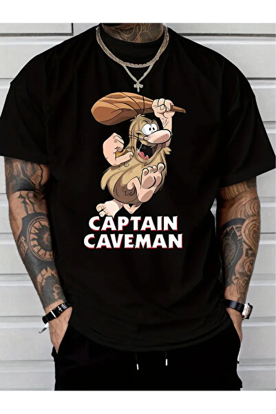 CLASİVA Unisex Captain Caveman Printed Oversize Crew Neck T-Shirt