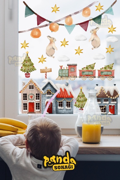 PANDA SOKAĞI مدينة المرح للعام الجديد مع مجموعة ملصقات زينة لخزانة باب زجاجي ...