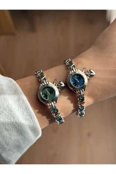 Vola Collection Thin Heart Cord Vintage Steel Silver Minimal Emerald Green Case Women's Wrist Watch with Charms -34