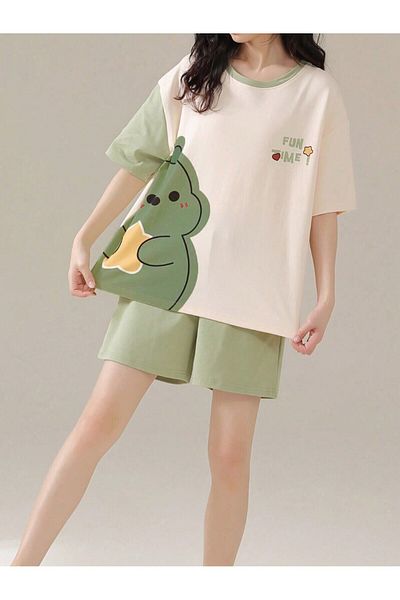 LUNAVISTA Women Casual 2-Piece Set, Short Sleeve Round Neck T-Shirt and Shorts, Cartoon Monster Printed