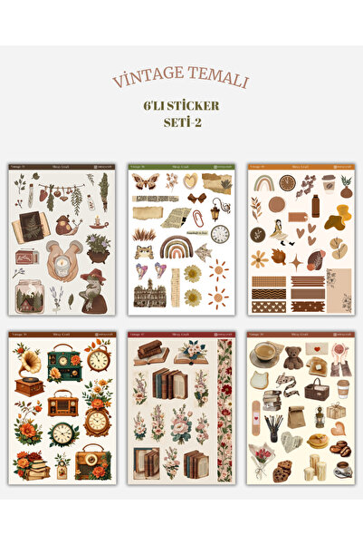 MirayDesign 6’lı Vintage Temalı Sticker Seti – 12x17 cm | Bullet Journal, Scr...
