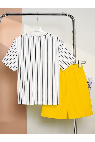 LUNAVISTA Copy - Casual Streetwear Set, Striped Short Sleeve Crew Neck Letter Printed T-Shirt and Shorts
