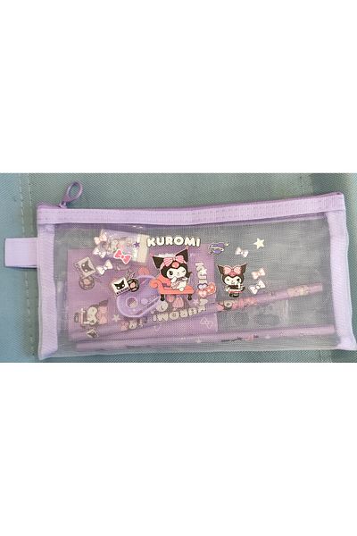 ada çanta kırtasiye Stationery Set with Kuromi Figure (Pencil, Mesh Pencil Case, Pencil Sharpener, Eraser, Notebook, Ruler)