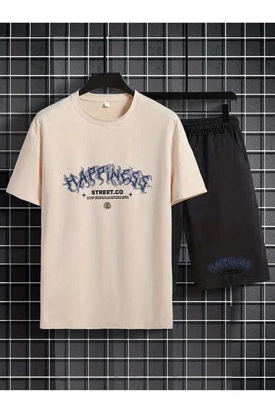 LUNAVISTA Men's 2 piece set creative letter Printed casual t-shirt and lace up loose shorts summer men's clothing