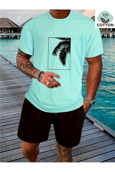 LUNAVISTA Men's tropical coconut tree graphic set - regular neck and shorts