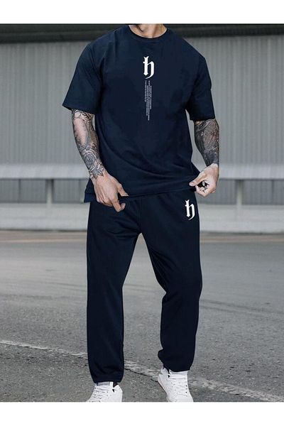 LUNAVISTA Men's Graphic T-Shirt with Logo and Lace-Up Sweatpants, Large Sizes