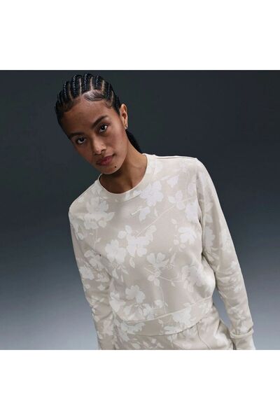 Nike W NSW CHLL FT AOP CREW Γυναικείο φούτερ casual σε μπεζ χρώμα - HQ5708-104