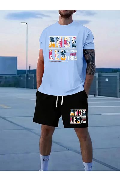 LUNAVISTA Coconut Trees and Angels Printed Short Sleeve Shirt and Shorts Comfortable 2 Piece Set