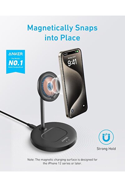Anker حامل شحن لاسلكي لجهاز iPhone 16، حامل مغناطيسي خفيف الوزن 2 في 1 من PowerWave مع كابل USB-C، لهاتف iPhone 16