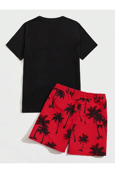 LUNAVISTA Manfinity Vci Men's Tropical Pattern Knitted Multicolor T-Shirt and Lace-Up Shorts Set