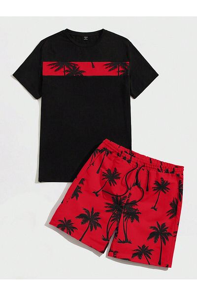 LUNAVISTA Manfinity Vci Men's Tropical Pattern Knitted Multicolor T-Shirt and Lace-Up Shorts Set