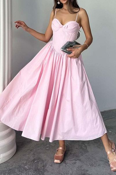 Mine Tan Butik Γυναικείο φόρεμα Midi Poplin με λεπτομέρεια Corsage Bow - Ροζ