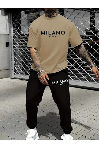LUNAVISTA Milano Italy Men's Casual Round Neck Sheer Printed T-Shirt & Jogger Set