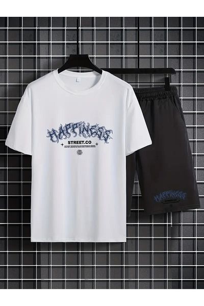 LUNAVISTA Men's 2 piece set creative letter Printed casual t-shirt and lace up loose shorts summer men's clothing