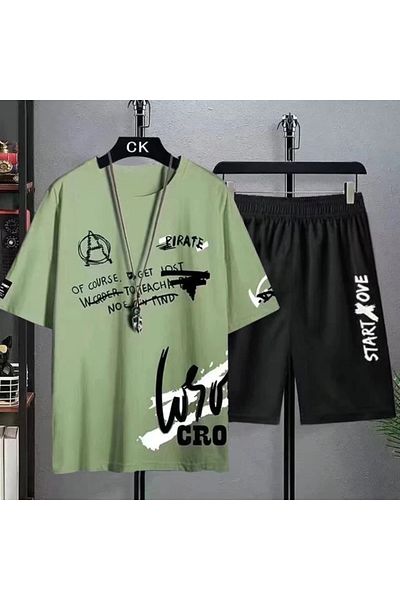 LUNAVISTA Men's Printed T-Shirt and Shorts Set - Green and Black