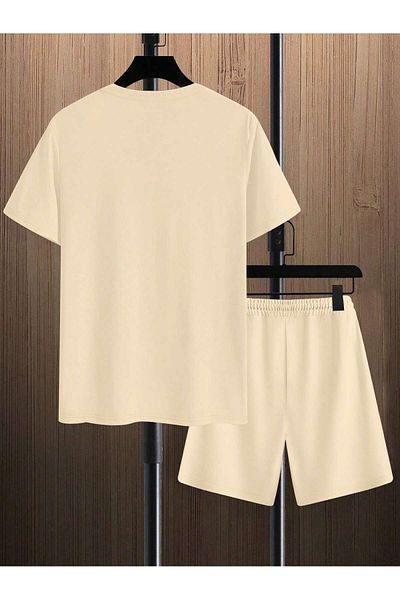 LUNAVISTA Plus size men's round neck short sleeve letter Printed t-shirt lace up waist loose shorts