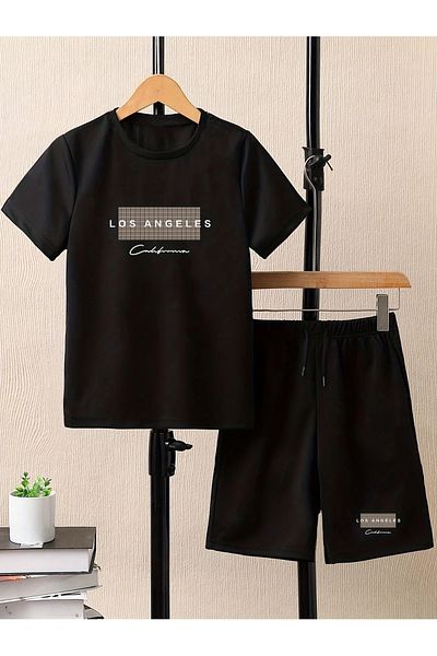 LUNAVISTA Men's 2-Piece Knitted Short Sleeve Letter Printed Shorts Set