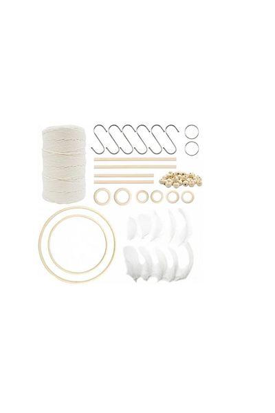 LLGLEU Set 80 piese de creatie LLGLEU, cu fir marcame inele si margele, bumbac, lemn, pene, bej
