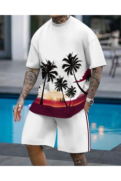 LUNAVISTA Men's Casual 2 Piece T-Shirt and Loose Shorts Palm Tree Print Workout Jogging Lace up