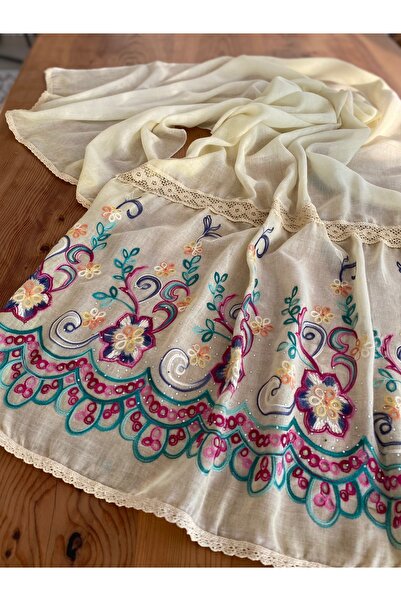 Bohemian Yellow Multicolor Embroidered Vintage Lace and Stone Embroidered Cotton Shawl 1606094